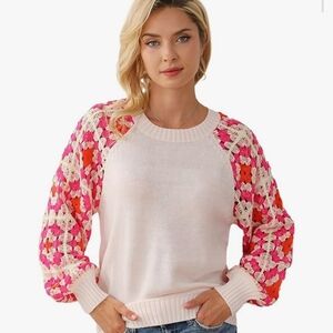 NWT Womens Solid Color Puff Sleeve Crew Neck Knit Pullover Sweater